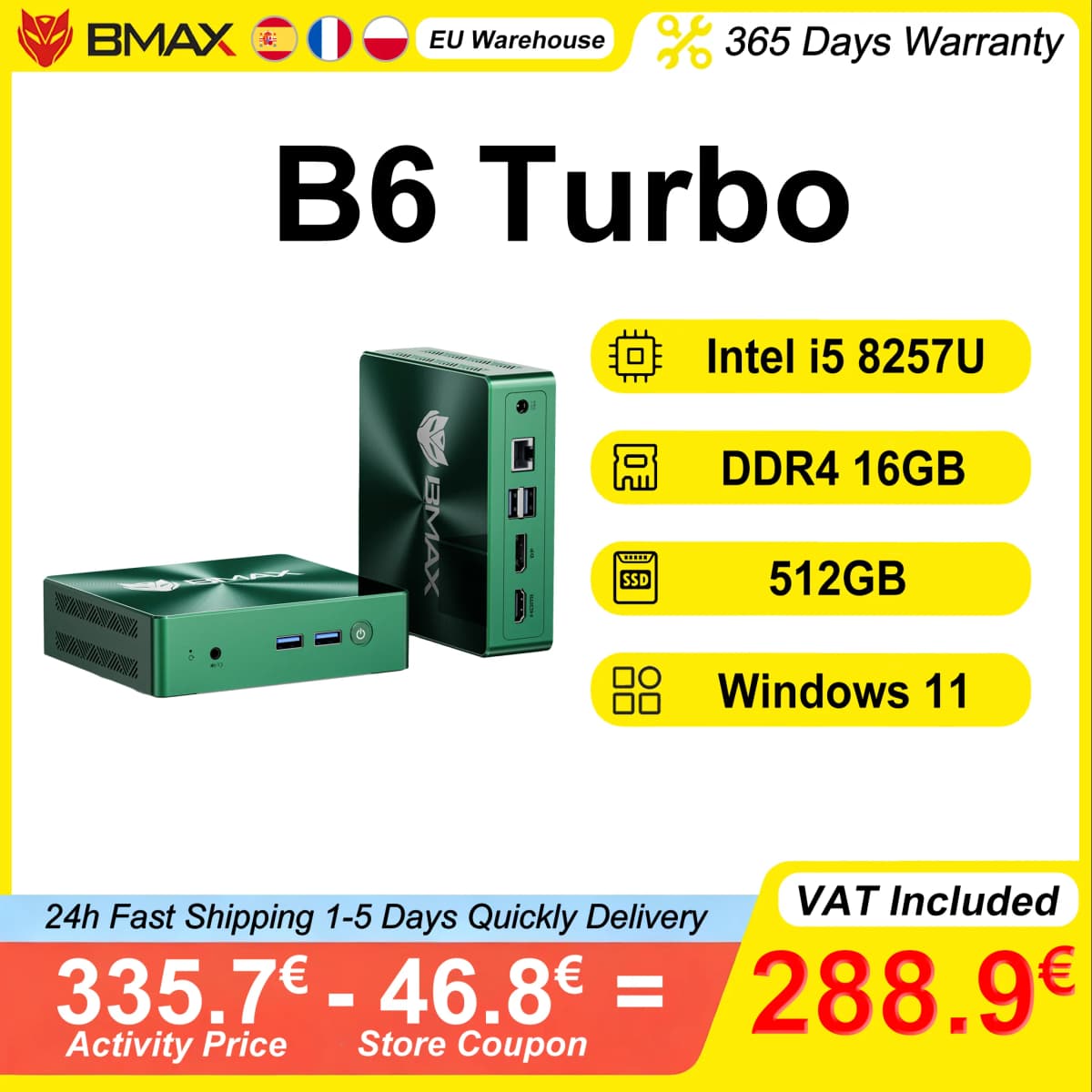 Bmax B6 Turbo Mini Pc 16Gb Ram 512Gb Rom Intel I5 8257U Windows 11 Wifi 6 Intel Iris Plus Graphics 645 HDMI Dp USB