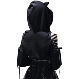 Combhasaki Women's Y2K 3D Cat Ear Hooded Pullover Tops Gothic Ribbon Lace-up Hollow Out Shoulder Long Sleeve Cropped Sweatshirts