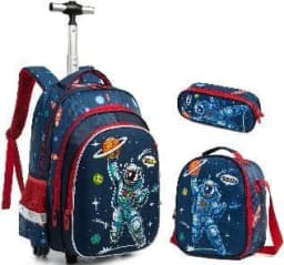 Bunnyfly Boys Rolling Backpack with Lunch Bag And Pencil Case - Wheeled Travel Trolley School Bag Stylish And Functional for Tra