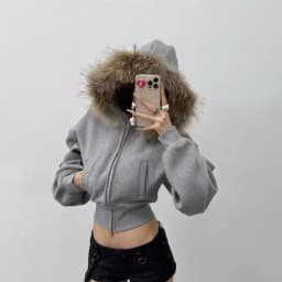 Classic Hidden Blue Collar Short Zip Up Hoodies Winter Clothes Women Y2K New Fashion Plush Cardigan Coat Harajuku Casual Hoodies