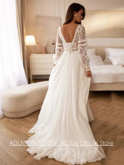 New Boho Wedding Dress for Woman Bride Customized Puff Sleeeves V Neck Lace Applique Chiffon A Line Beach Bridal Gown