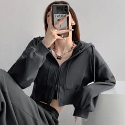 Women Cropped Hoodie Two Way Zipper Jacket Drawstring Hem Sweatshirt Slim Fit Long Sleeve Grey Athletic Yoga Gym Running Top