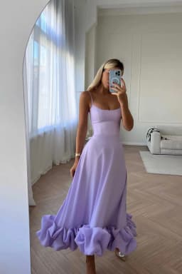 Women's Solid Color Spaghetti Strap Midi Dress Ruffled Hem Fitted A-Line Gown Elegant Party Dress For Dating & Evening Event
