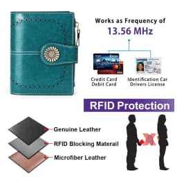 New Women RFID Blocking Genuine Leather Wallet Vintage Sunflower Buckle Short Purse 16 Card Slots ID Window Zipper Female Wallet