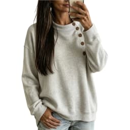 Crew Neck Sweatshirts Women Fleece Pullover Side Button Tops Fall Cute Shirt