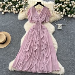 Elegant Criss-Cross chiffon short sleeve Vintage Chic Slim Ball Gown Dresses French Evening High Street Clothing