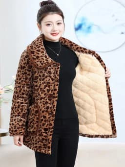2024 New Leopard Print Thickened Fleece Cotton Jacket Fashionable Home Wear Women's Coat Long Pants Regular Sleeve Hooded
