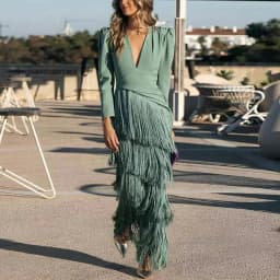 New 2026 French Elegant Deep V Neck Prom Dresses for Women Spring Fashion Spliced Tassel Dress Woman Long Sleeve Slim Maxi Dress