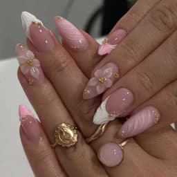 24Pcs Flora Almond Press on Nails with Glue Mori Girl Nail Art Ballet Rural Style Full Cover Wearable Acrylic Nail Manicure Tips