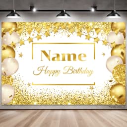 Custom Name Birthday Photo Backdrop Banner - Glitter Stars & Balloons Background with Replaceable Text for Party Decor
