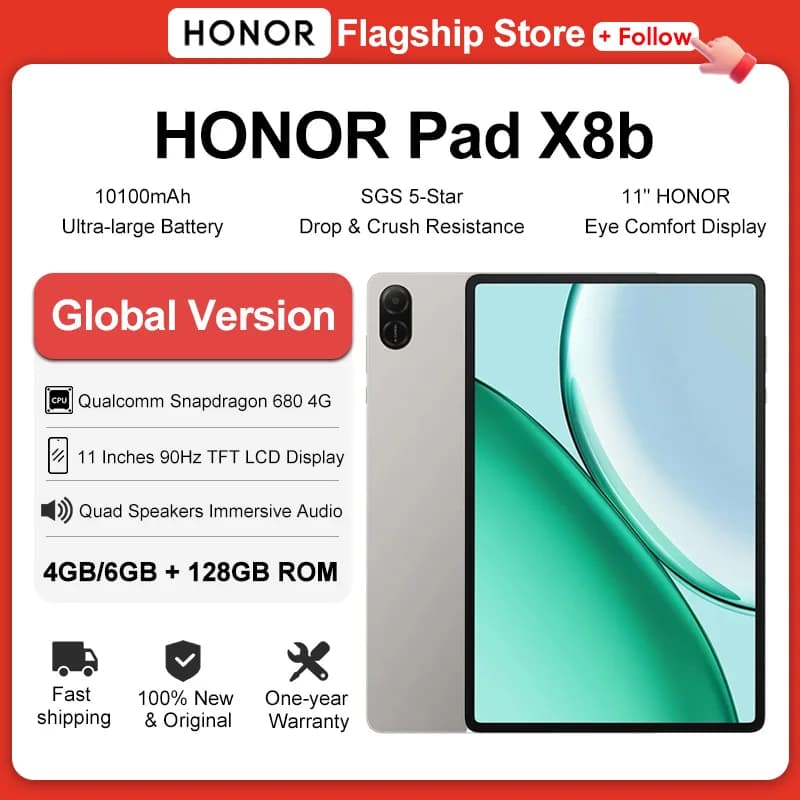 HONOR Pad X8b Global Version WiFi/LTE Tablet PC Snapdragon 680 4G 11'' 90Hz IPS Display Dual 5MP Camera 10100mAh Android 16