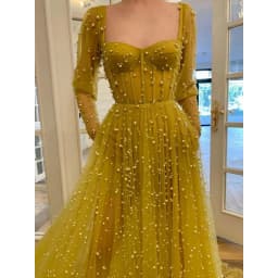 Elegant Square Neck Pearls Open Back Full Sleeves Evening Dress 2026 A-Line Floor Length Tulle Custom Made Party Prom Dress