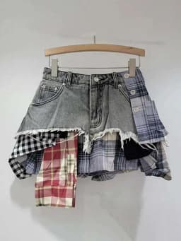 DEAT Women's Denim Skirt Colored Plaid Patchwork Irregular Deconstructed A-line High Waist Mini Skirt 2026 Spring New Fashion