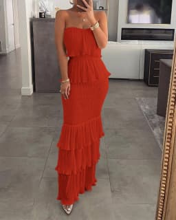 Women's Sexy Slim Fit Pleated Ruffled Edge Boho Dresses, Monochromatic, Bra Tie, Lady, Temperament