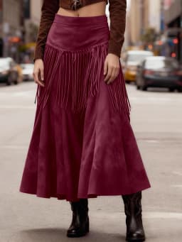 New Ethnic Elegant Solid Tassel Slim Fit Midi Skirt Brown Wide Hem Long Skirt Party Evening Dresses Versatile Female Clothing