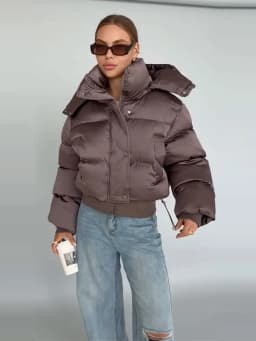 Solid Hooded Cropped Puffer Jacket Women Stand Collar Snap Button Loose Long Sleeve Jackets 2026 Winter Casual Warm Padded Coat