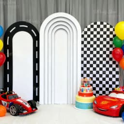 Race Car Party Backdrop Decorations Spandex Black White Checkered Racing Track Stand Arch Cover for Birthday Two Fast One Decor