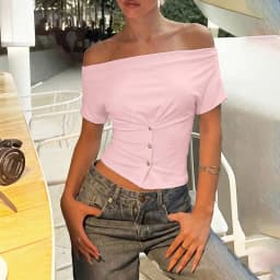 Tuularose Women Summer Top Fashion Button-Front Patchwork V-Neck Pleated Fitted Top New Casual High-Street Party Female T-Shirts