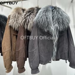 OFTBUY Real Fox Fur Oversized Collar Goose Down Jacket Winter Warm Zipper Drawstring Hem Outerwear Women Suede Cropped Coat