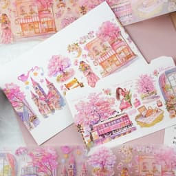 1pcs First Love Cherry Blossom Character PET Tape Sticker Aesthetic for Laptop Luggage Stickers Scrapbooking Rooms Decoration