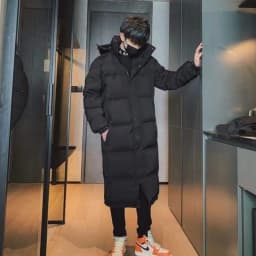 Men's Long Length Hooded Down Jacket Korean Style Slim Fit Winter Coat for Students Thick Padded and Warm