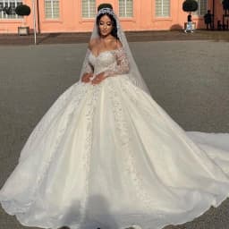Customized V-Neck Off The Shoulder Sequin Appliques White Wedding Dress 2026 Ball Gown Floor Length Long Sleeves Bridal Gown