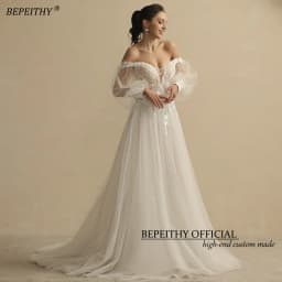 BEPEITHY Customized Boho Wedding Dresses For Women 2023 Bride Deep Neck Full Sleeves A Line Glitter Bridal Gowns Sweep Train New