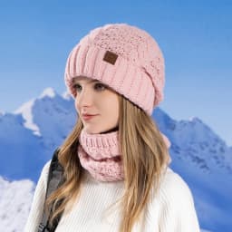 Women's Winter Hat and Neck Warmer Set, Warm Knit Hat with Ear Protection, Hooded Yarn Cap