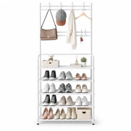 White5 Tier Shoe Rack with Hooks, Space Saving Entryway Organizer for Shoes, Bags, Hats, Closet & Bedroom
