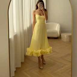 Women's Solid Color Spaghetti Strap Midi Dress Ruffled Hem Fitted A-Line Gown Elegant Party Dress For Dating & Evening Event