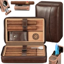 Cigar Humidor, Leather Cedar Wood Cigar Case with Cigar Lighter, V Cut Cigar Cutter,Cigar Holder 3 in 1 Travel Cigar Humidor Box