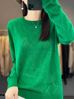 New Women Wool Blend Sweater Spring O-neck Geometric Hollow Pullover Fashion Soft Sweater Loose Casual Knit Base Tops