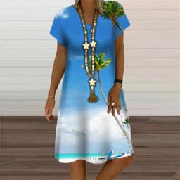 Natural Scenery Summer Tropic Beach Style 3D Print Dresses For Women Oversized Short Sleeve Loose Clothing Casual V-Neck Dress