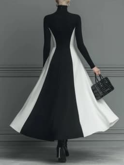Elegant Black White Patchwork Maxi Dresses Women Fashion Turtleneck Long Sleeves Slim Dress New Female Evening Party Robes