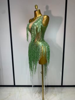 Sparkly Diamond Tassels Sexy Mesh See Through Bodycon Dress Women Nightclub Bar Evening Party Gogo Dancer Singer Stage Costume