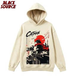 T497 Bai Men's Catman Red Moon Cat Graphic Hoodie, Japanese Streetwear Pullover Sweatshirt, Oversized Casual Urban Fashion