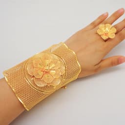 France Luxury Chain Cuff Bangle & Ring For Women Dubai Gold Color Indian Moroccan Big Bracelet Jewelry Arabic African Wedding