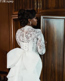 Lace Mermaid Wedding Dresses for Bride Long Sleeves Sweep Train Big Bow Beads Africa Garden Bridal Reception Gowns Customized