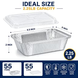 55 Pack 8.5' X 6' Aluminum Pans with Lids, 2.25 LB Foil Food Containers Heavy Duty Tin Foil Pans with Clear Plastic Covers for Meal Prep, Baking, Freezer Storage, Takeout & Catering