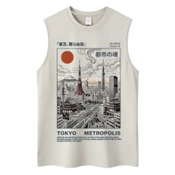 Japanese Ukiyo-e Beach Style Washed Tank Tops Naoshima Art Island Vintage Vests Men Women Cotton Casual Loose Sleeveless T Shirt