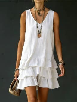 2026 Summer Casual Simple Solid Color Dress Women's Elegant Solid Color V-Neck Sleeveless Loose Layered Ruffle Edge Vest Dress
