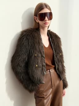 AMII 2026 Winter New Fur Jacket Solid Color Modern Warm Outerwear V-neck Imitation Fur Loose Spliced PU Top Female 12424012