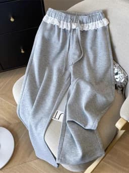 Korean Fashion Solid Pants Female Gray Lace Patchwork Sweatpants Women High Waist Casual Loose Trousers Elegant Wide Leg Pants