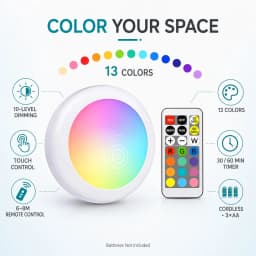Melery LED Night Light Adhesive Sticker Battery Dimmable Multicolor Cabinet for Bedroom Kitchen Bathroom Drawer Wall Puck Lamp
