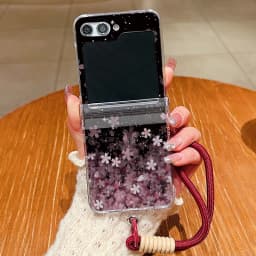 Cherry Blossom Lanyard Phone Case For Samsung Galaxy Z Flip 8 7 FE 6 5 4 3 5G Folding Hard Clear Cover For Samsung Z Flip7 Flip6