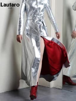 Lautaro Spring Autumn Extra Long Cool Silver Shiny Reflective Pu Leather Trench Coat for Women with Hood Luxury Runway Fashion