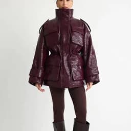 Women's Burgundy Faux Leather Jacket Zip Up High Neck Drawstring Waist Winter Warm Elegant Luxe Chic Outerwear