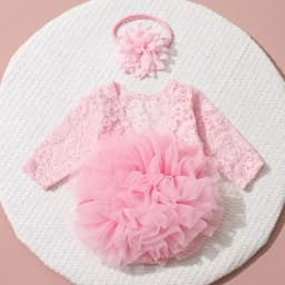 Ylsteed 2 Pieces Set Dusty Pink Newborn Lace Romper for Photo Shooting Fluffy Mesh Lace Photography Outfits with Headband