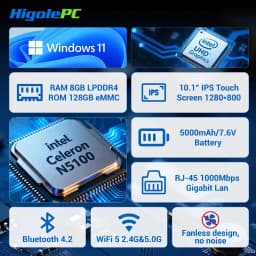 HIGOLEPC All-in one PC Win 11 Pro Celeron N5095 8GB RAM/128GB ROM 10.1 Inch Touchscreen Mini pc Without Battery,Dual RS232 HDMI,