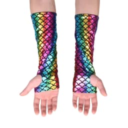 Women Mermaid Costume Fish Scale Pattern Printed Fingerless Long Gloves Arm Sleeves Adult Halloween Cosplay Costume Accessory